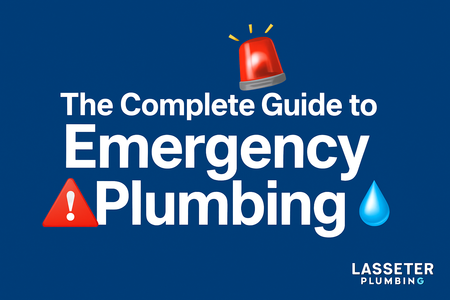 Banner profesional de blog con texto blanco en negrita que dice 'La Guía Completa de Plomería de Emergencia' sobre fondo azul oscuro, acompañado de un emoji de sirena roja, advertencia, gota de agua y logotipo de Lasseter Plumbing.