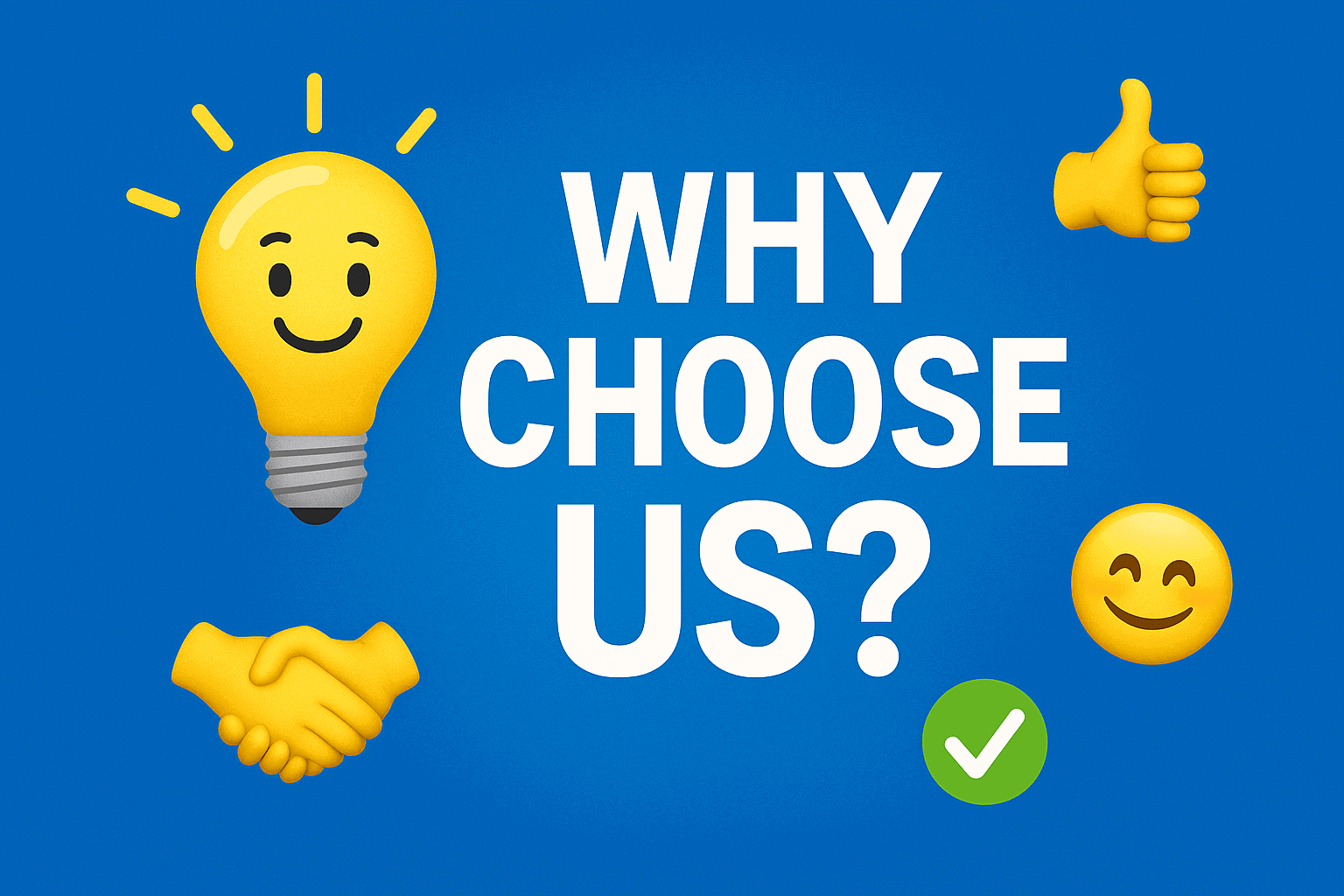 Professional banner with bold 'Why Choose Us?' text on a blue background, featuring lightbulb, thumbs-up, handshake, and smiley emojis β symbolizing trust, clarity, and customer satisfaction with Lasseter Plumbing.